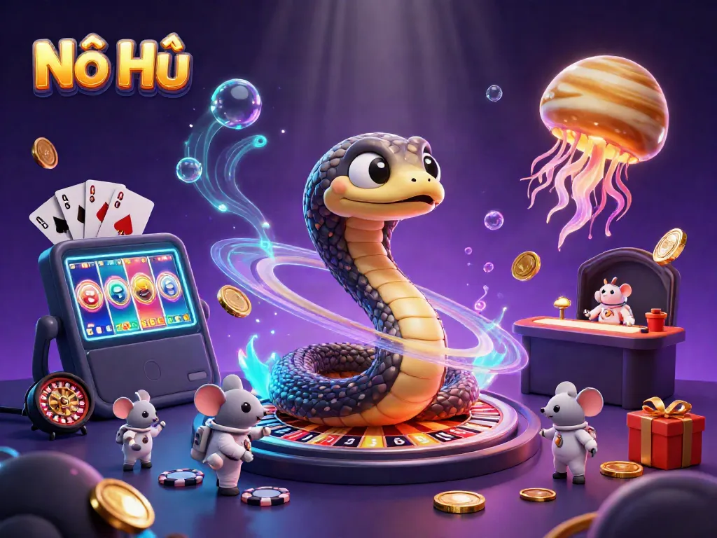 Experience thrilling Nổ Hũ gameplay with dynamic characters and vibrant casino elements in 3D illustration.