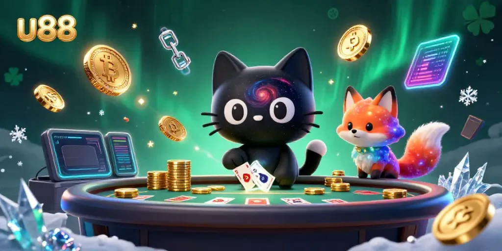 Experience the excitement of u88 with a cosmic casino illustration featuring a black hole cat and colorful nebula fox.