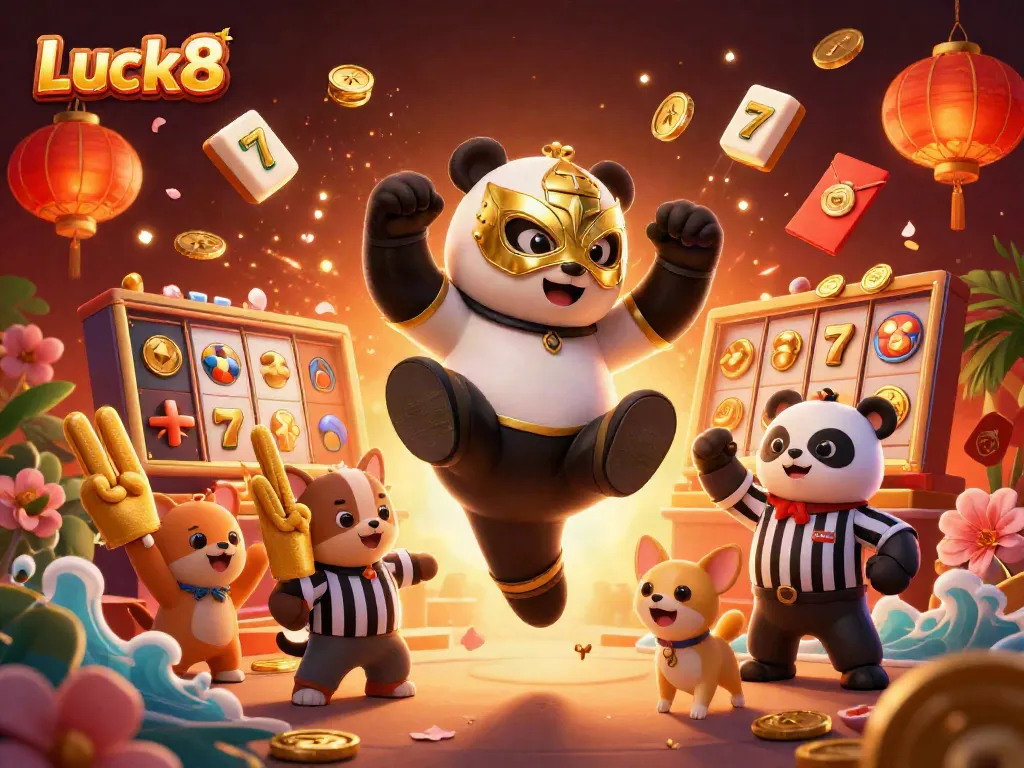 Experience the Luck8 thrill with a vibrant scene of a panda wrestler and animal spectators in a lively casino atmosphere.