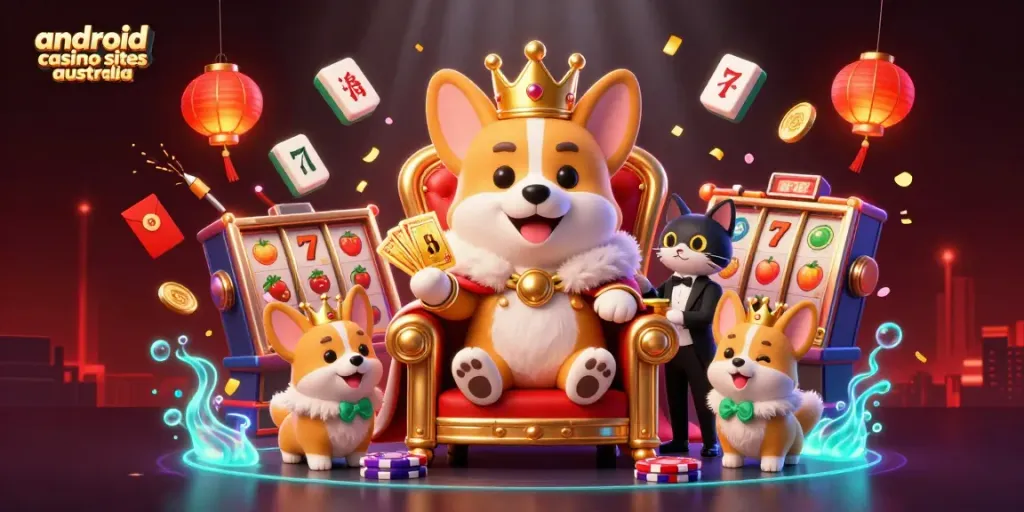 Experience fun at android casino sites Australia with a royal corgi surrounded by vibrant game elements.