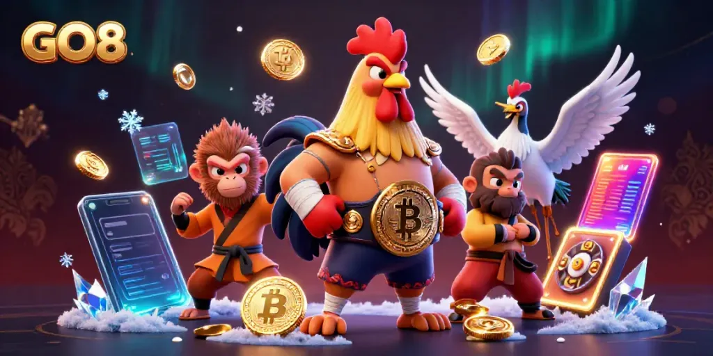 Engage in GO8 gambling with cartoon characters Muay Thai rooster and Shaolin monkey amidst colorful slot elements.