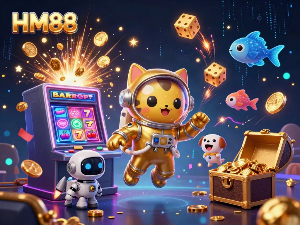 Experience big wins with HM88's vibrant casino scene bringing together an astronaut cat and games.