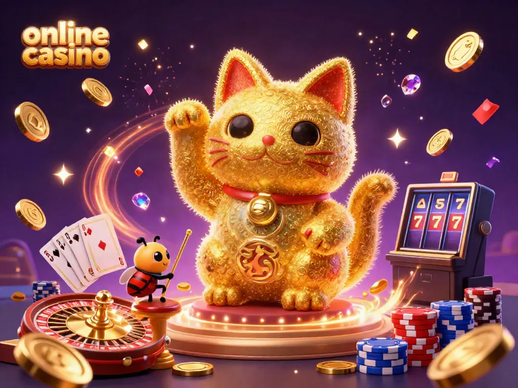 Experience the excitement of an online casino with our vibrant, animated lucky cat and festive casino elements.