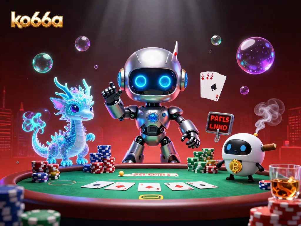 Engage in thrilling poker games at ko66a with a cyberpunk robot mascot amidst vibrant casino elements.