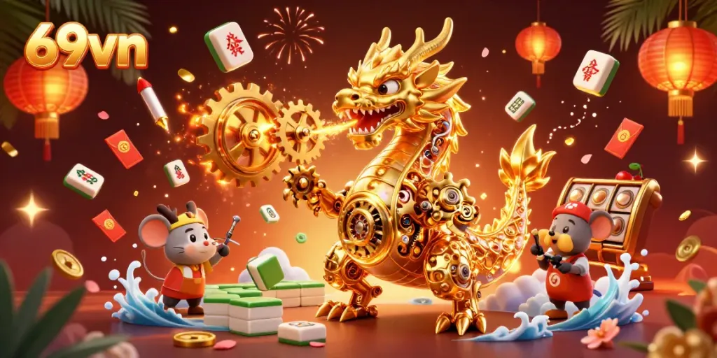 Engage in exhilarating gaming with 69vn, featuring a golden dragon and vibrant casino elements.